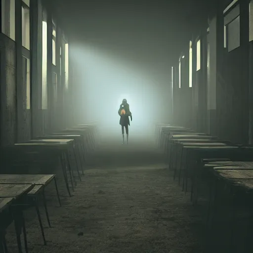 Prompt: woman holding a flashlight running through the interior of an abandoned furniture store, rows of tables and chairs, cinematic lighting, night, terrifying, scp 3008, landscape, fog, artstation
