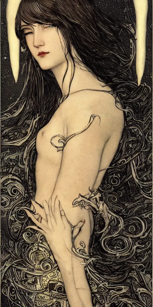 Prompt: goddess, masterpiece , cinematic, powerful, moon beams dramatic light, highly, intricate elements, hollow souls, detailed, digital painting, artstation, concept art, sharp focus, illustration, dynamic art by Raphael Kirchner and Margaret Macdonald Mackintosh and Mitch Foust, john waterhouse