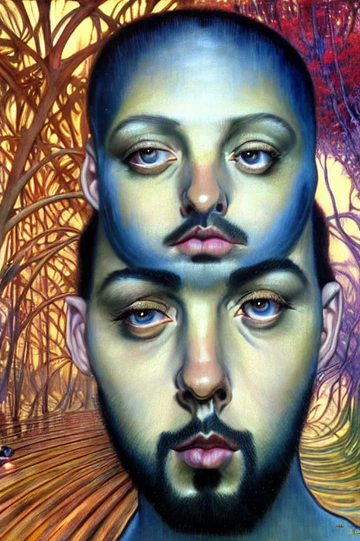 Prompt: realistic detailed face portrait painting of the Rapper SIDO with sci-fi headwear, futuristic sci-fi forest on background by Jean Delville, Amano, Yves Tanguy, Alphonse Mucha, Edward Robert Hughes, Roger Dean, rich moody colours, blue eyes