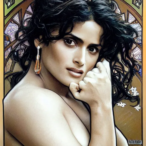 Image similar to salma hayek medium shot portrait by alphonse mucha, perfect proportions, beautiful face, perfect detailed eyes, vivid colrs, elegant, sharp focus, hyper - realistic, 4 k, unreal engine, highly detailed, hd, dramatic lighting by brom