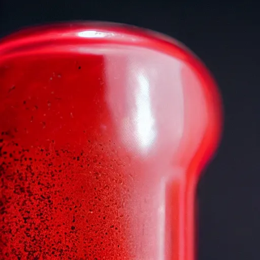 Prompt: a bottle filled with opaque, red slime and eyes