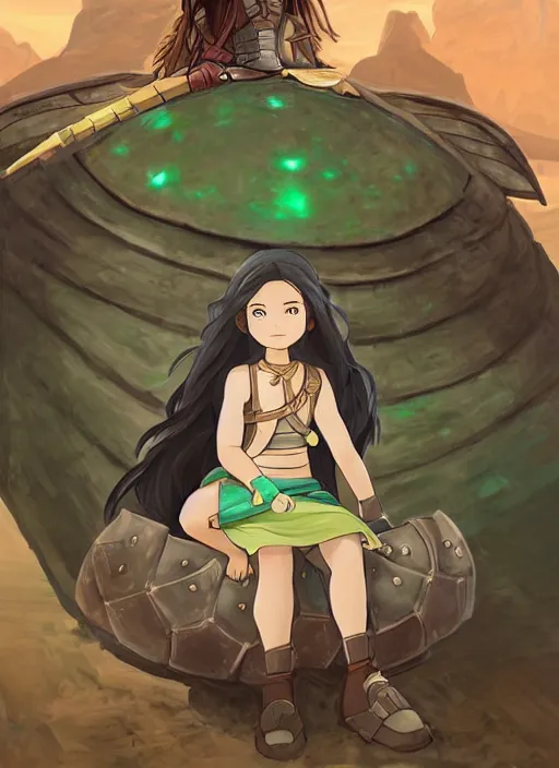 Image similar to portrait of a little warrior girl character sitting on top of a giant armored turtle in the desert, studio ghibli epic character with dark skin and beautiful green eyes, very beautiful detailed symmetrical face, long black hair, bright colors, diffuse light, dramatic landscape, fantasy illustration