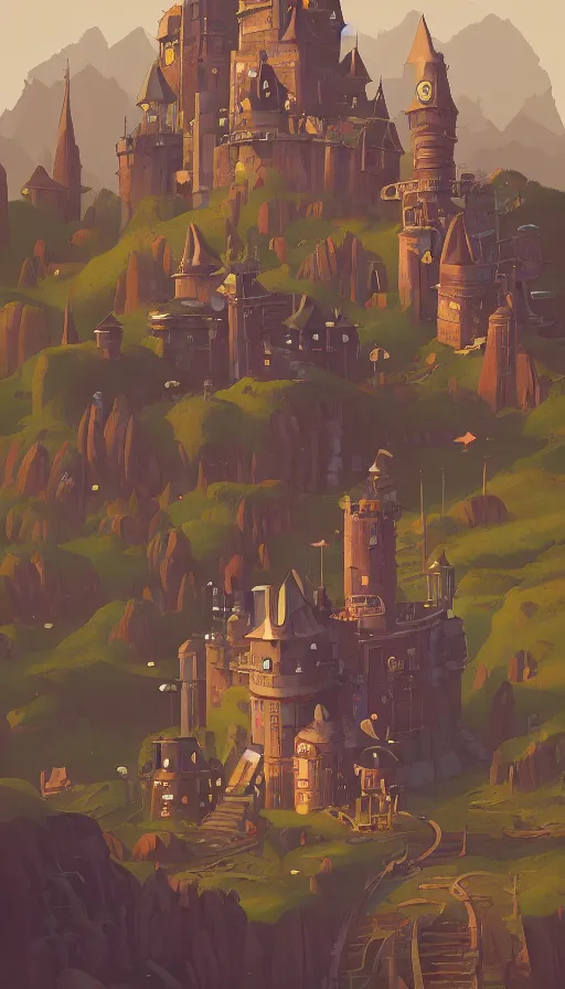 Image similar to steampunk castle on a hill, sharp focus, james gilleard, print, game art