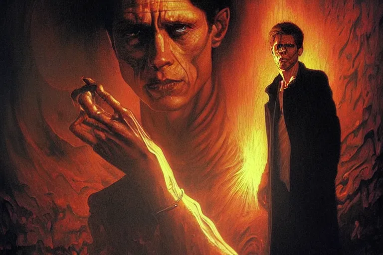 Image similar to young willem defoe in “ constantine ” ( 1 9 8 4 ) artwork, 4 k digital art, neon, 8 0's style tomasz alen kopera, peter mohrbacher, donato giancola, ilya repin, drew struzan hyperrealistic oil painting, gothic ghost horror biomechanical hell demons, frank frazetta