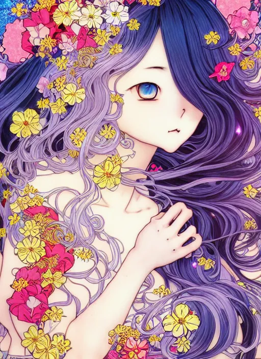 Prompt: exquisite imaginative manga poster art of cat girl, long wavy hair, flowers, rococo dress, pearlescent, shimmering, by kojima ayami, shigenori soejima, takeshi obata, alphonse mucha, jump comics, shogakukan, art nouveau, illustration, artstation, highly detailed, 8 k, colorful, maximalist