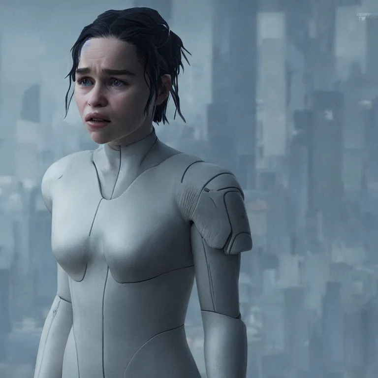 Image similar to photo of emilia clarke in the similitude of ghost in the shell, photorealism, render, unrealengine, realism, sony a 7 r