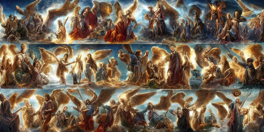 Prompt: the celestial cohort in all its glory, the angels, archangels, cherubims, thrones, dominions, seraphims, holy lighting, epic clouds, heaven, amazing,