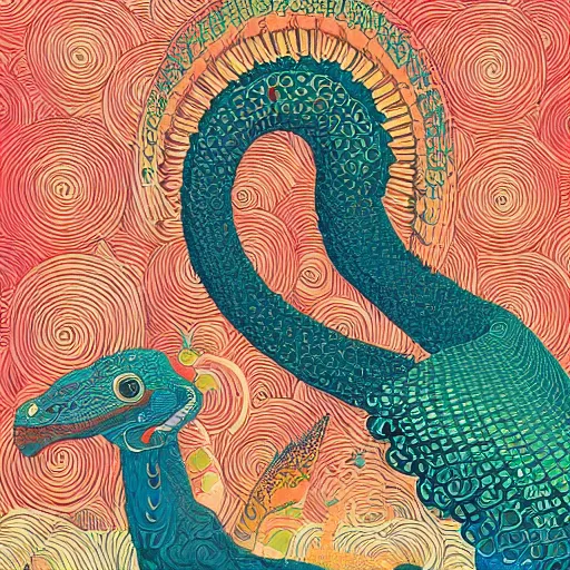 Prompt: illustration of quetzalcoatl, in colors # 1 1 3 4 a 6, # 7 3 c 2 fb, # 6 6 9 3 fs, # 9 8 fb 9 8, # 0 1 7 9 6 f, by studio multi and victo ngai, malika favre