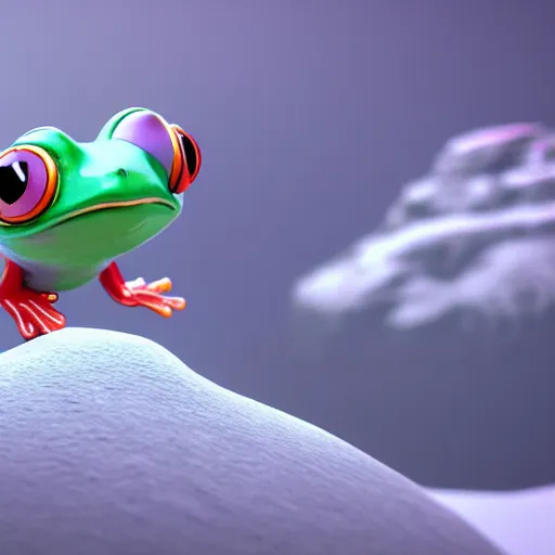 Image similar to 3 d octane render chibi frog character skiing down a mountain, pixar style