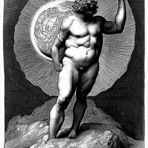 Image similar to a painting by Gustave Doré of atlas holding the earth on his back