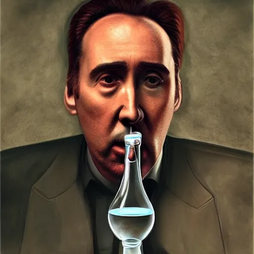 Image similar to Drinking from bottle Nicolas Cage in liquid form, Surrealism, Surreal drawing, Digital art, from artstation, art by Salvador Dali