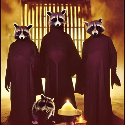 Prompt: 1 9 8 0's award winning sci - fi movie, a group of raccoons wearing dark cult robes look towards the camera in surprise and anger as they perform a dark occult evil ceremony inside the secret lair of an underground mystery cult, dramatic candlelight, pentagrams, ultra - detailed, photorealistic, 4 k