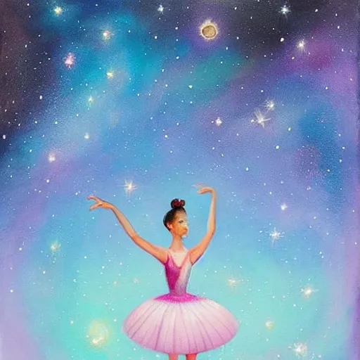 Prompt: Ballerina in a dress looking at a starry sky, galaxy, beautiful, painting, highly detailed, soft light