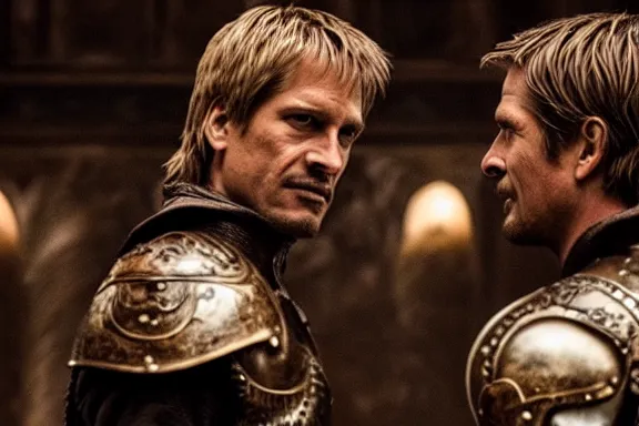 Image similar to very very intricate photorealistic photo of jaime lannister defeating cersei, photo is in focus with detailed atmospheric lighting, award - winning details