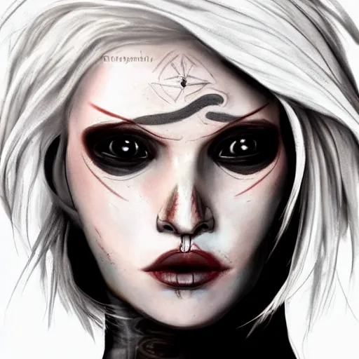 Prompt: Hot young woman with grey skin, white hair, void eyeballs, tattoos, and wearing leather concept art –n9 –i