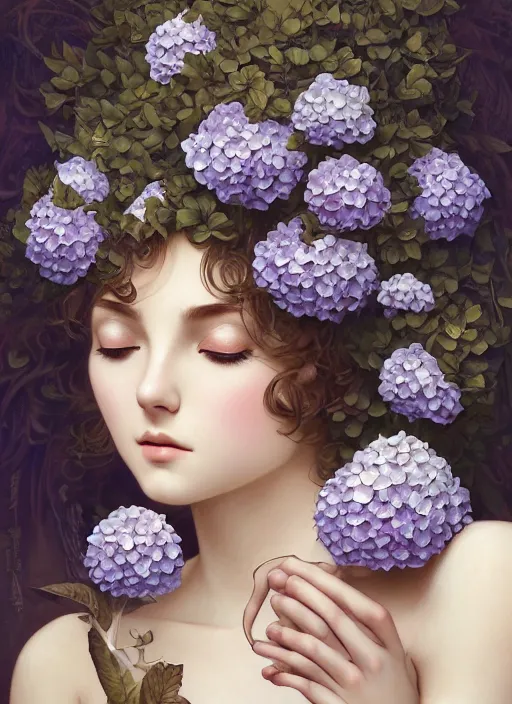 Image similar to a photographic portrait of a seductive sleeping anthropomorphic hydrangea blossom with a perfect face, fantasy, wind blowing hair, intricate, elegant, very very highly detailed, digital painting, artstation, concept art, smooth, super sharp focus, illustration, art by artgerm and h r giger and alphonse mucha