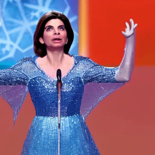 Prompt: laura boldrini singing let it go, disney, frozen, still from movie