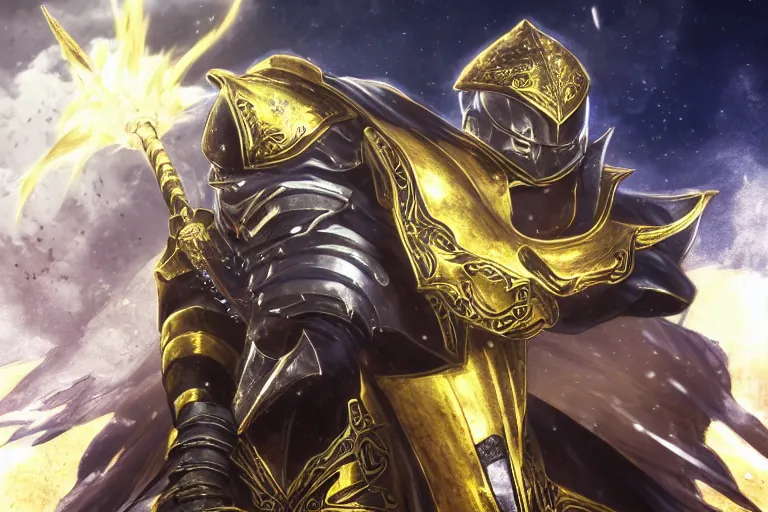 Image similar to an ultra detailed portrait of saladin as a shonen anime protagonist charging into battle wearing bright gold armor and huge flaming longsword blessed by god, epic anime fantasy, 8 k, volumetric lighting, smooth, highly detailed, digital illustration, art by kentaro miura and akira toriyama and albert bierstadt and greg rutkowsi, artstation