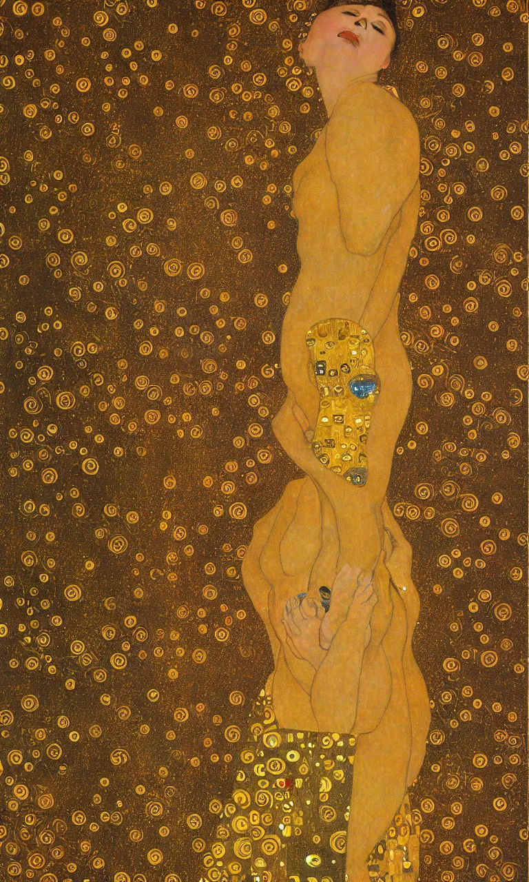 Image similar to a human figure in state of bliss and enlightenment, fireworks, intense sunshine, in the style of Gustav Klimt, 8k, extremely detailed, Trending on artstation, golden color scheme