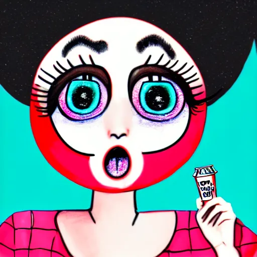 Prompt: digital drawing of the coke logo personified as a cute soda themed girl in the style of the youtuber lavender towne, margaret keane style, large creepy eyes, extremely detailed and colorful eyes, digital art, deviant art, soda themed girl, hyper detailed eyes, money sign pupils, tim burton, scratchy lines