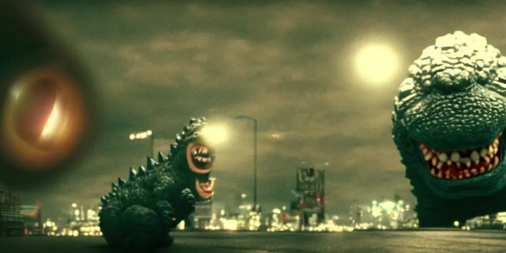 Image similar to a still from a movie, wide angle, 2 1 mm, godzilla with human teeth and googly eyes, being an idiot and laughing at a joke, real, weird, strange, funny