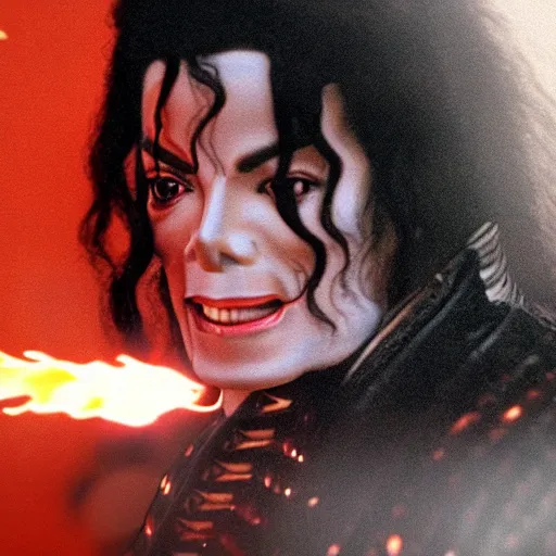 Prompt: cinematic film still of Michael Jackson starring as a Samurai holding fire, Japanese CGI, VFX, 2022, 40mm lens, shallow depth of field, film photography