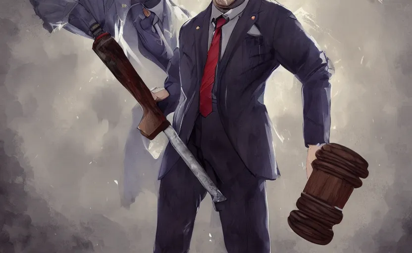 Image similar to cinematic view of a dead by daylight killer lawyer wearing a blue business suit holding a giant gavel hammer, character portrait, by krenz cushart