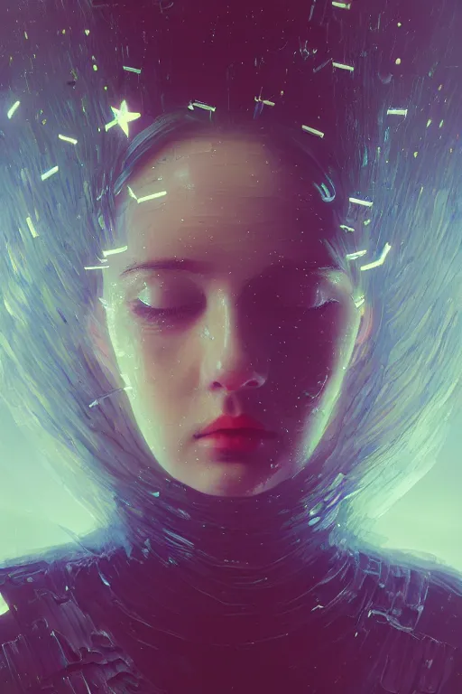 Image similar to 3 d, close - up, sleepy fashion model, plastic, deep night, stars, poster art, intricate oil painting, high detail, figurative art, multiple exposure, poster art, 3 d, by stanley kubrick and tooth wu and wlop and beeple