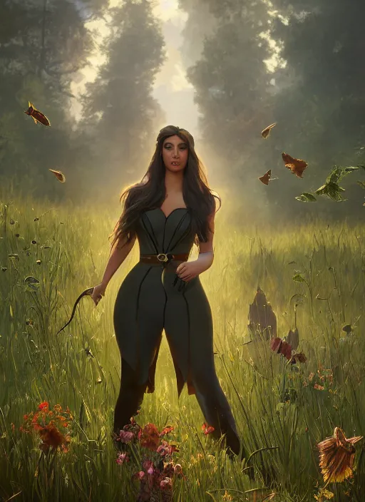 Prompt: Kim Kardashhian as a elf on a beautiful meadow, morning, art by Artgerm and Greg Rutkowski and Alphonse Mucha and miro manara, unreal 5, DAZ, hyperrealistic, octane render, RPG portrait, ambient light, dynamic lighting