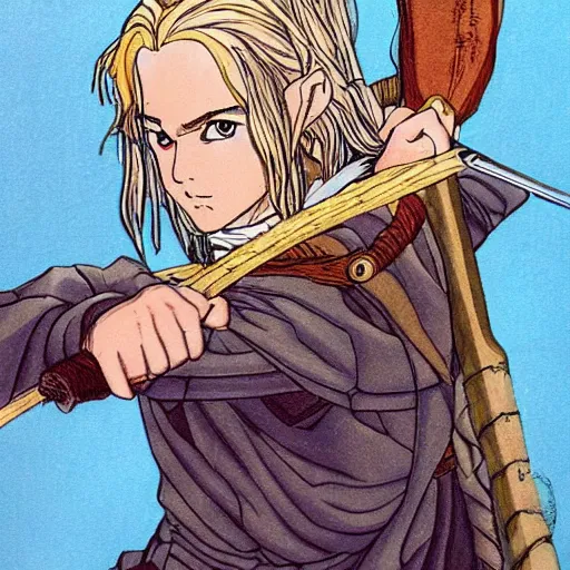 Image similar to Portait of Legolas in an 80s anime version of Lord of the Rings, holding a longbow, very detailed, ultra realistic, handpainted, Satoshi Kon, Hiyao Miyazaki, Katsuhiro Otomo