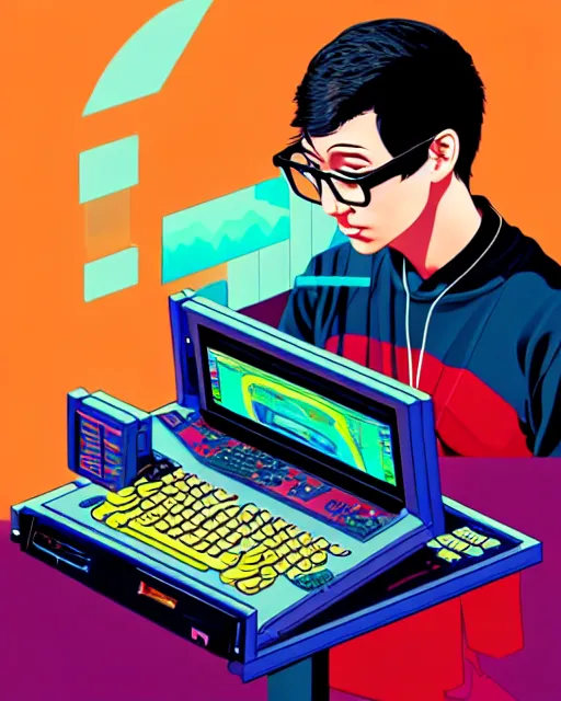 Image similar to richly detailed color illustration of a nerd-using-a-computer-to-crack-the-code surrounded by technology illustrated by Artgerm and Mina Petrovic and Timothy Kong and Marina Federovna. 3D shadowing