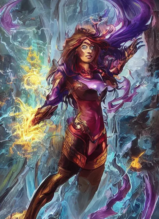 Image similar to front portrait hands behinds pose of attractive Starfire with ginger wavy hair , hands behind her pose!, Intricate overlay flames imagery , D&D!, fantasy style, sharp focus!, ultra detailed, art by Artgerm and Peter Andrew Jones, WLUP