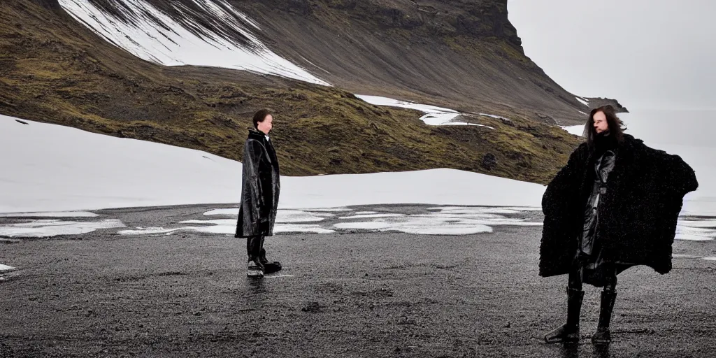 Image similar to iceland landscape photography, portrait of model in comme des garcon deconstructed black ice coat by lurie belegurschi and gunnar freyr