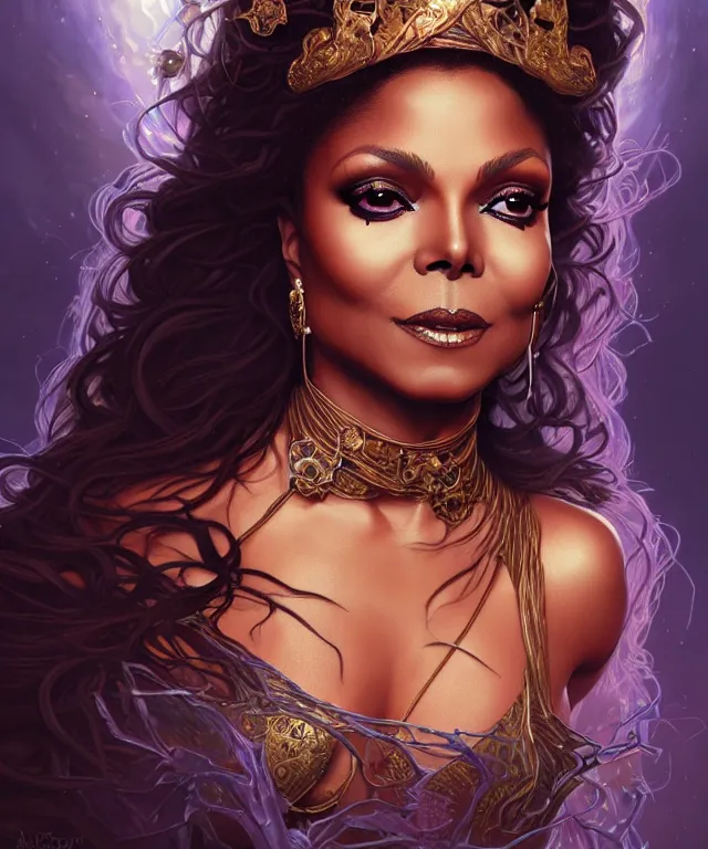 Prompt: Janet Jackson as a fantasy magic woman portrait, sci-fi, amber eyes, face, long hair, fantasy, intricate, elegant, highly detailed, digital painting, artstation, concept art, smooth, sharp focus, illustration, art by artgerm and greg rutkowski and alphonse mucha