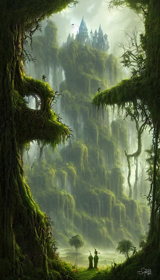 Image similar to fairy palace, castle towers, gnarly trees, lush vegetation, forest landscape, painted by tom bagshaw, raphael lacoste, eddie mendoza, alex ross concept art matte painting