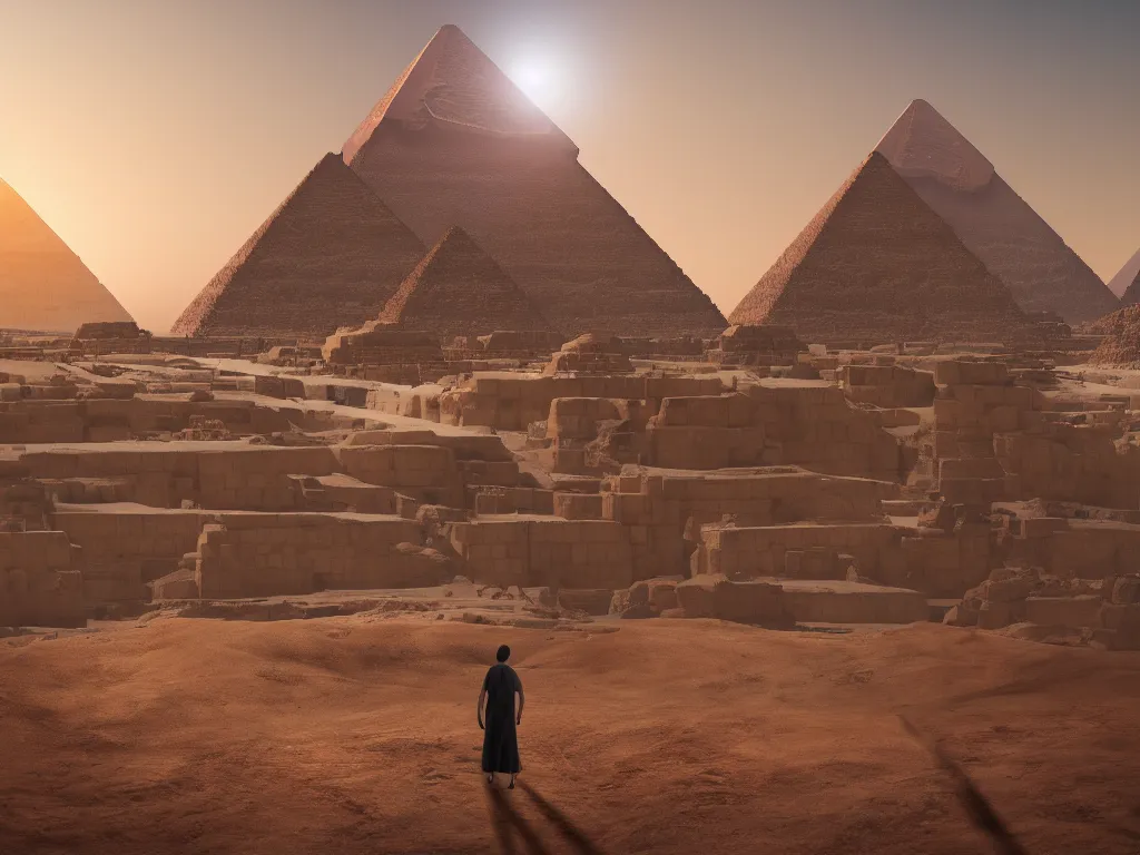 Image similar to photography of an egyptian god standing in front of the giza pyramid, fantasy ,volumetric lighting, intricate, elegant, hyperdetailed matte painting, highly detailed, digital painting, artstation, smooth, sharp focus, illustration, art by Makoto Shinkai and artgerm, hyperrealism, hyperrealistic, cinematic masterpiece, fantasy style 8k ultrahd octane render
