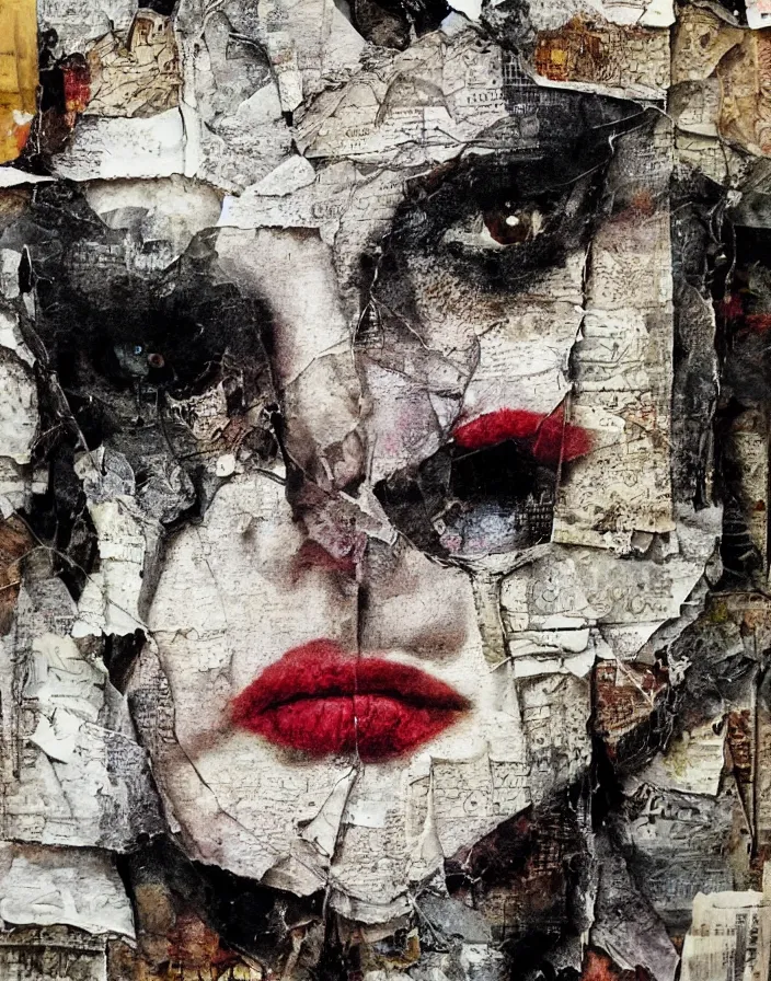 Prompt: embrace the melancholy detailed analogue mixed media collage with canvas texture in style of contemporary art, punk art, hyperrealistic beautiful face, photorealistic, expressionism, masterpiece, perfect composition, spectacular quality torn paper, intricate oil details, broken glass