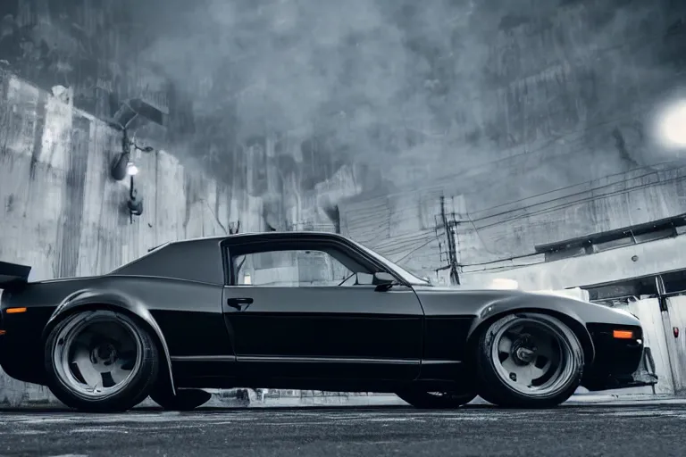 Image similar to widebody all black audi camaro b 1 ( 1 9 6 9 ), need for speed : carbon, at night, sci - fi, neon lines, phonk music background, smoke behind wheels, noise, dark, establishing shot, by simon stalenhag