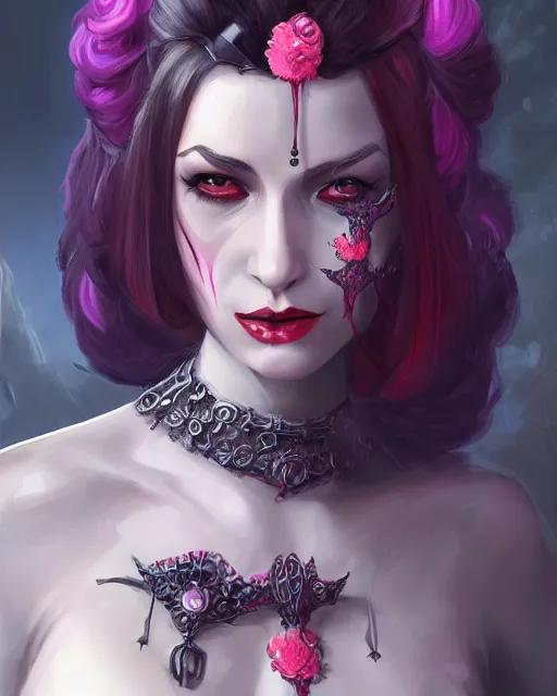 Image similar to the empress of licorice, D&D character art, candyland character, black licorice twist hair, licorice clothing, femme fatale, realistic digital painting, fantasy art, digital painting, character portrait, intricate ornamentation, by WLOP, Artstation Trending, Wayne Reynolds