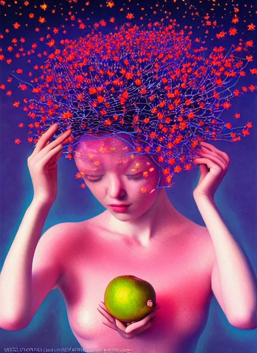 Image similar to hyper detailed 3d render like a Oil painting - Aurora (Singer) Eats of the Strangling aerochrome Fruit and Her delicate Hands hold of gossamer polyp blossoms bring iridescent fungal flowers whose spores black the foolish stars by Jacek Yerka, Mariusz Lewandowski, Houdini algorithmic generative render, Abstract brush strokes, Masterpiece, Edward Hopper and James Gilleard, Zdzislaw Beksinski, Mark Ryden, Wolfgang Lettl, hints of Yayoi Kasuma, octane render, 8k