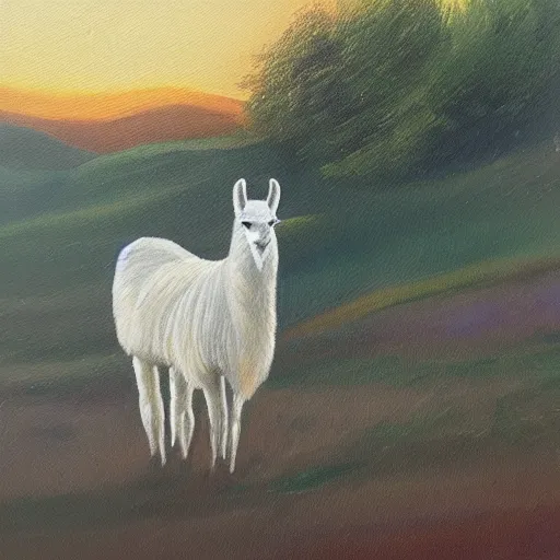 Image similar to oil painting by milla is of a white llama in a meadow at dawn