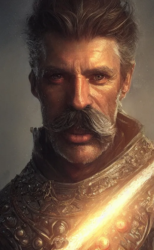 Prompt: Portrait of a Knight in his 50s, big moustache, male, detailed face, fantasy, highly detailed, cinematic lighting, digital art painting by greg rutkowski