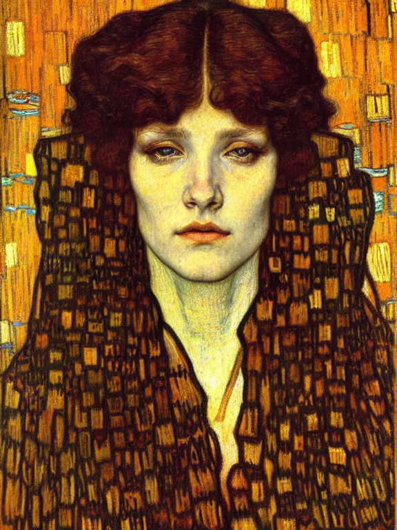 Image similar to detailed realistic beautiful young medieval queen face portrait by jean delville, gustav klimt and vincent van gogh, art nouveau, symbolist, visionary, gothic, pre - raphaelite, muted earthy colors, desaturated