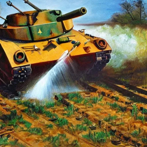 Prompt: oil painting of a German panzer shooting water out of its gun, colorful, 1965
