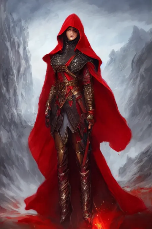 Image similar to wolf warrior in red cape and hood, d & d, fantasy, portrait, highly detailed, headshot, digital painting, trending on artstation, concept art, sharp focus, illustration, art by artgerm and greg rutkowski and magali villeneuve