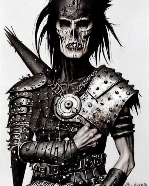 Image similar to portrait of a skinny punk goth roald dahl wearing armor by simon bisley, john blance, frank frazetta, fantasy, thief warrior