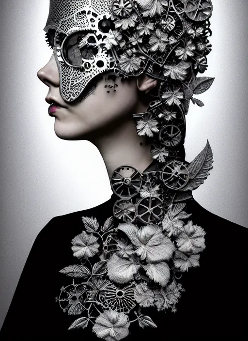 Image similar to monochrome profile portrait painting, dutch masters, silver lace floral steampunk biomechanical beautiful one techno eye young female cyborg, big monocular, volumetric light, leaves foliage and stems, hibiscus flowers, alexander mcqueen, rim light, big gothic fashion pearl embroidered collar, 8 k