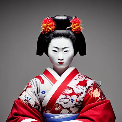 Image similar to geisha as a samurai, in battle, advertising photography