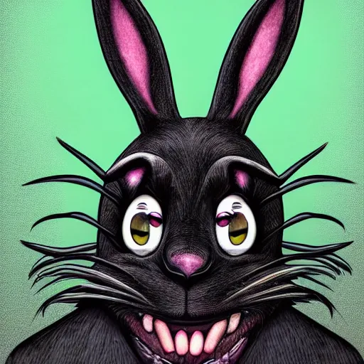 Image similar to A extremely highly detailed majestic hi-res beautiful, highly detailed head and shoulders portrait of a scary terrifying, horrifying, creepy maniacal crazy black cartoon rabbit with scary big eyes, earing a shirt laughing maniacally , let's be friends, in the style of a Walt Disney cartoon