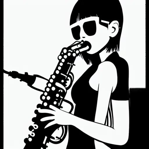 Image similar to an ink drawing of a tech punk girl playing the saxophone by ilya kuvshinov, black and white, white outline, high contrast